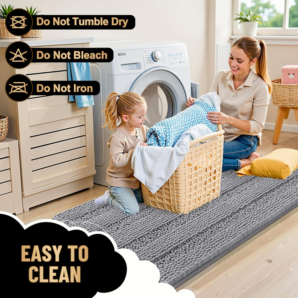 Thick Bathroom Rugs 36x24, Soft Chenille Striped Bath Rugs, Grey | Rubber Backing, Machine Wash, Extra Absorbent Bath