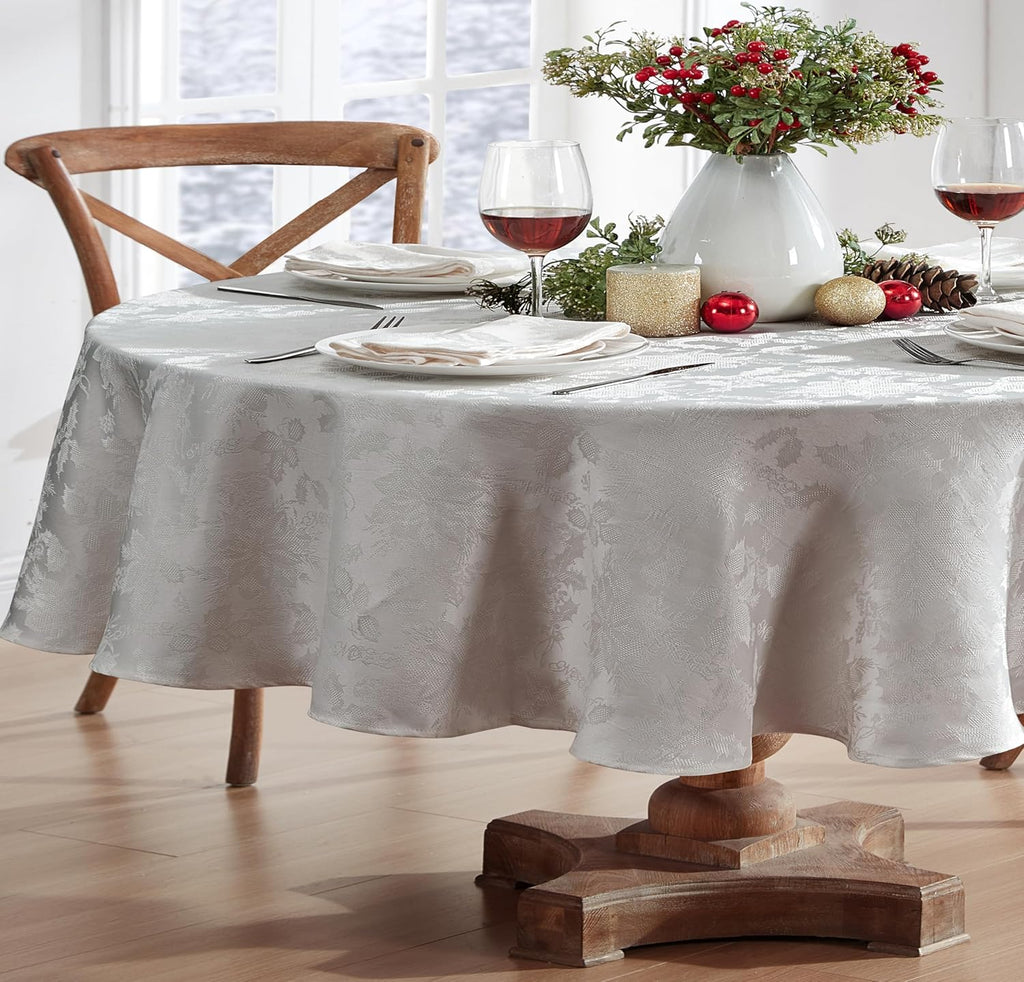 Christmas Carol Holiday Noel Damask Fabric Tablecloth, 60 x 84 Inch Oval, Grey, Holly Leaf Poinsetti