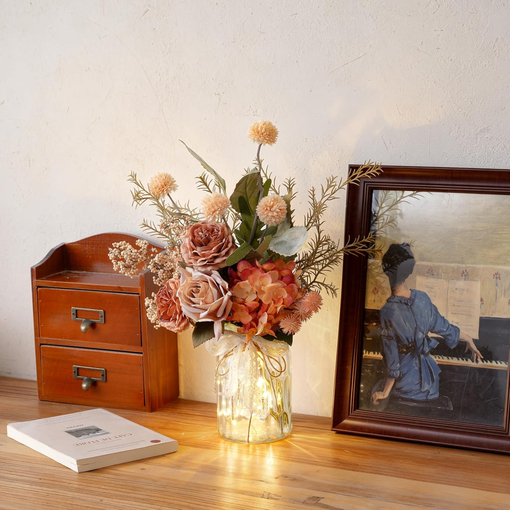Artificial Fall Flowers with Vase & Lights - Faux Autumn Hydrangea & Rose