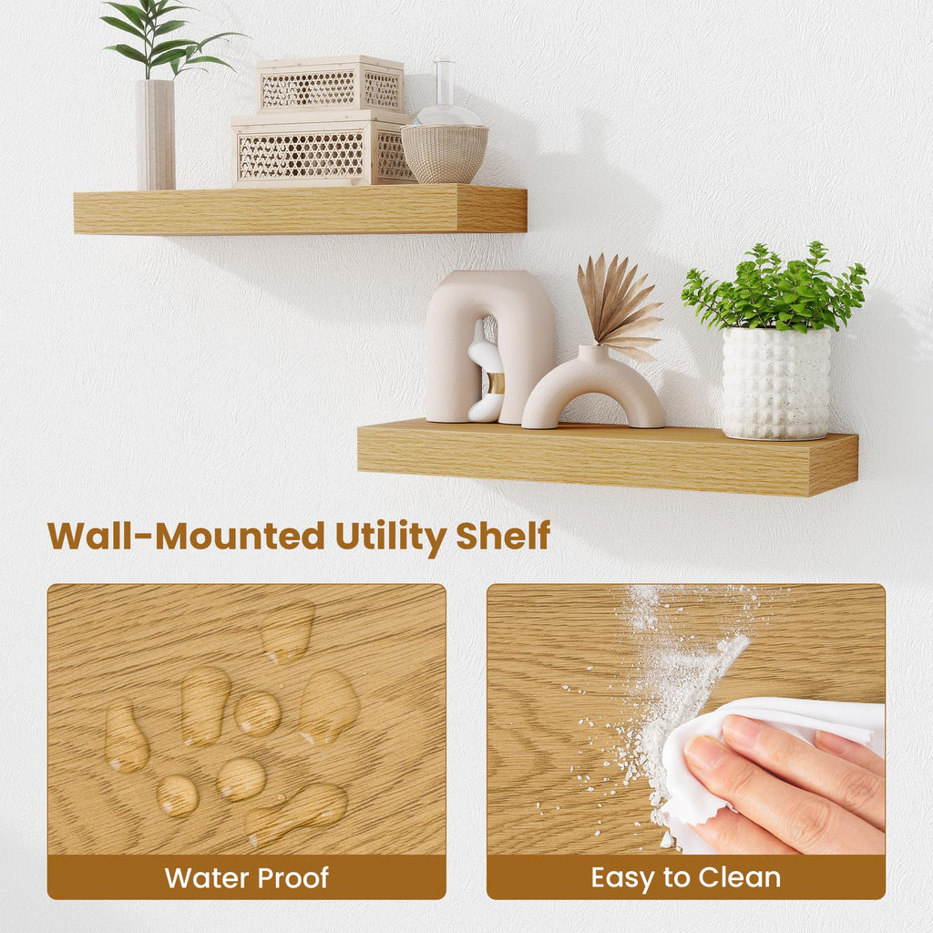 Floating Shelves Bathroom for Wall Mounted Shelves, 20 Inch Wood Shelf Set of 2, Home Storage & Display Decor, Oak
