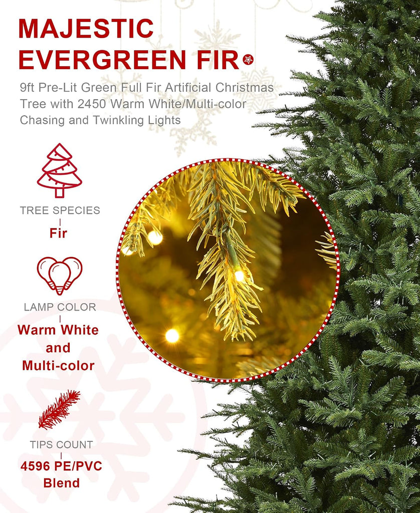 Artificial Christmas Tree, Prelit Hinged Holiday Tree Majestic Evergreen Fir Xmas Tree with 2450 Warm