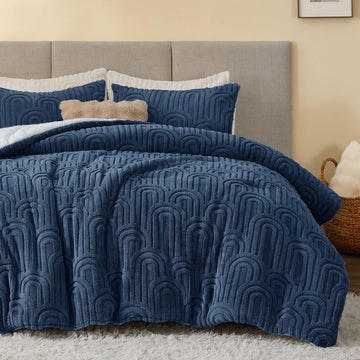 Arch Sherpa Comforter Set, Warm & Fluffy Bed Set, Navy