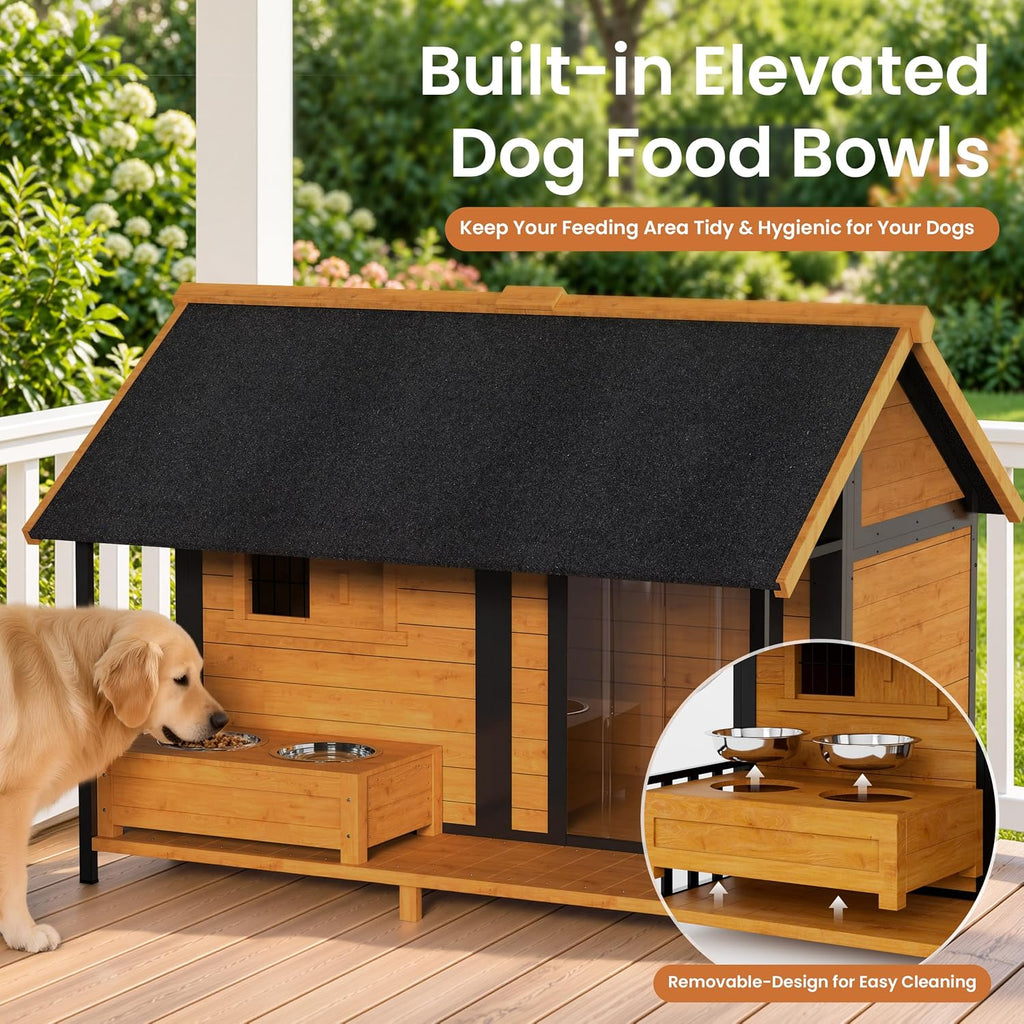X-Large Outdoor Dog House with Insulated Liner & Dog Bowls
