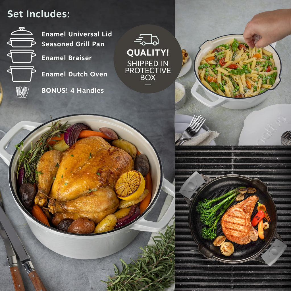 5pc Stackable Cast Iron Cookware Set, Versatile Enamel Dutch Oven, Seasoned Grill Pan & Enamel Braiser with Precision