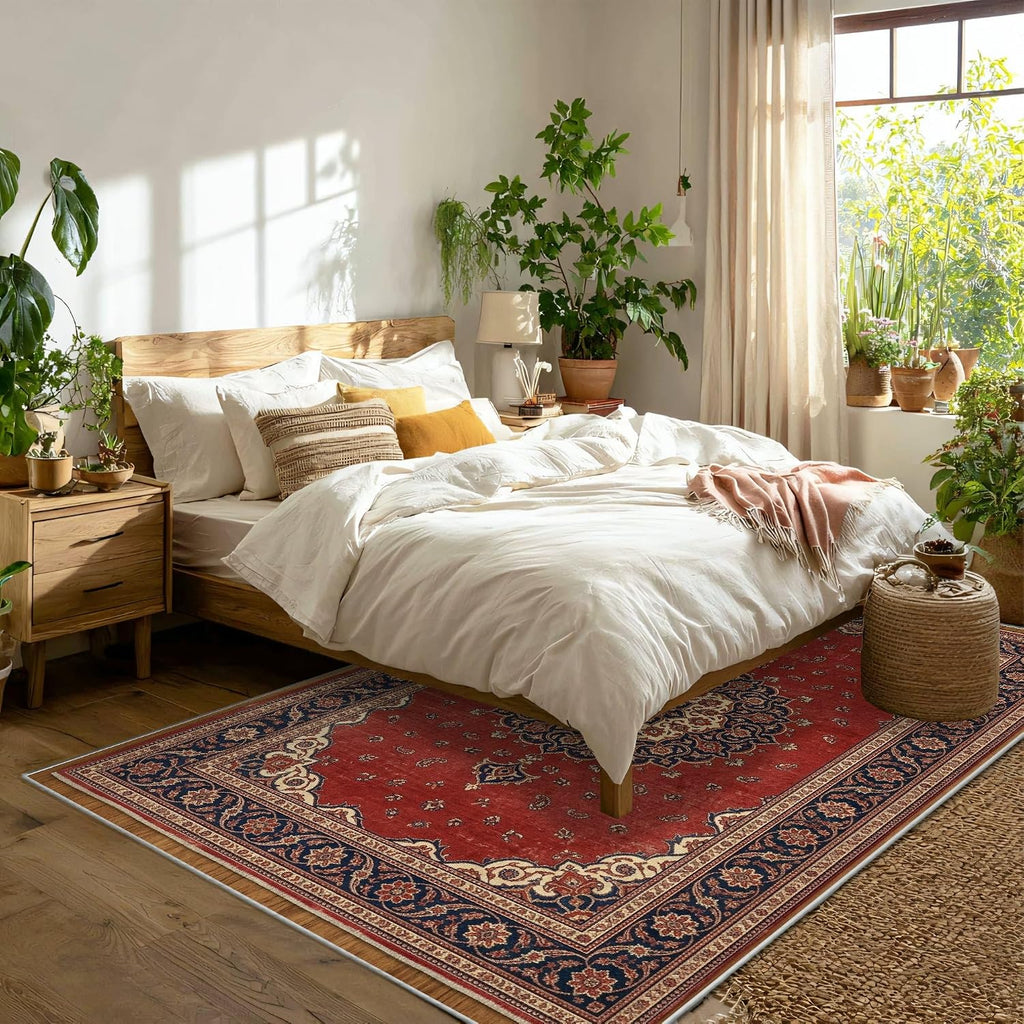 Medallion Area Rug, Traditional Vintage Floral Paisley None Red Low Pile Home Indoor Pattern Carpets Non Shedding
