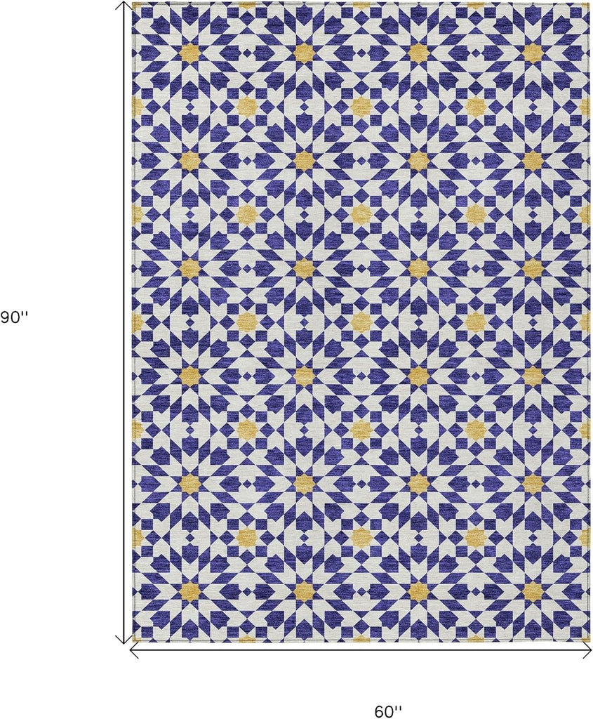 5' X 8' Navy Blue and Ivory Floral Medallion Washable Indoor Outdoor Area Rug