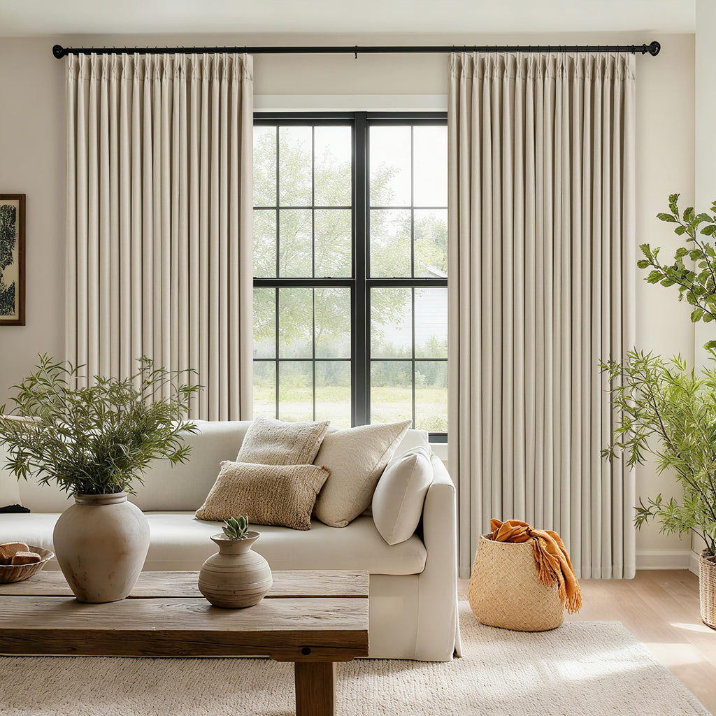 Oatmeal Linen Pinch Pleated Blackout Curtains 96 Inches Long 2 Panels Set