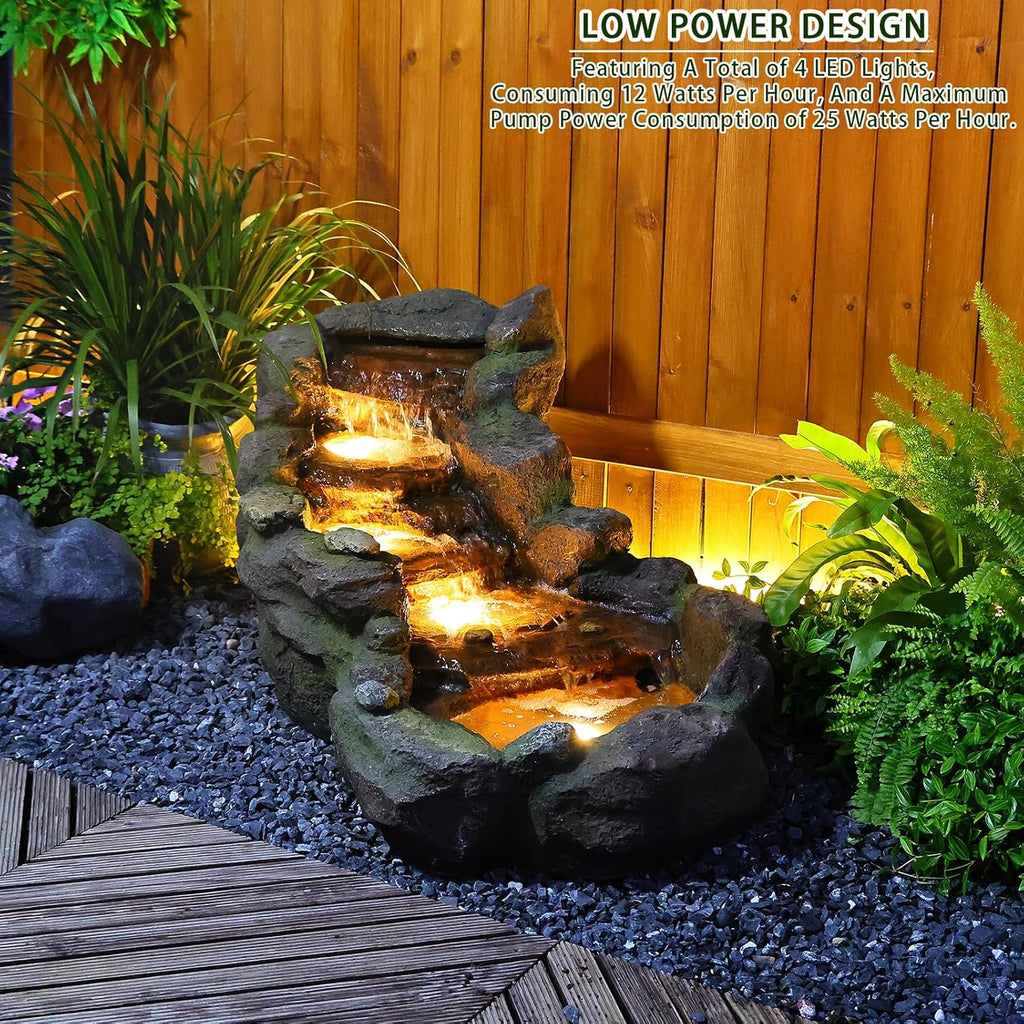 Garden Outdoor Water Fountain, 42.1" L Floor Standing Tiered Rock Outdoor Fountains with LED Lights and Pump