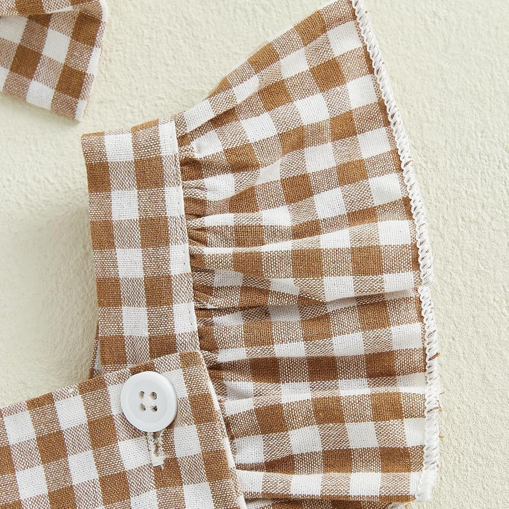 Newborn Baby Girl Romper Summer Sleeveless Checkered Smocked Cotton Linen Clothes Outfit Jumpsuit with Bow Headband