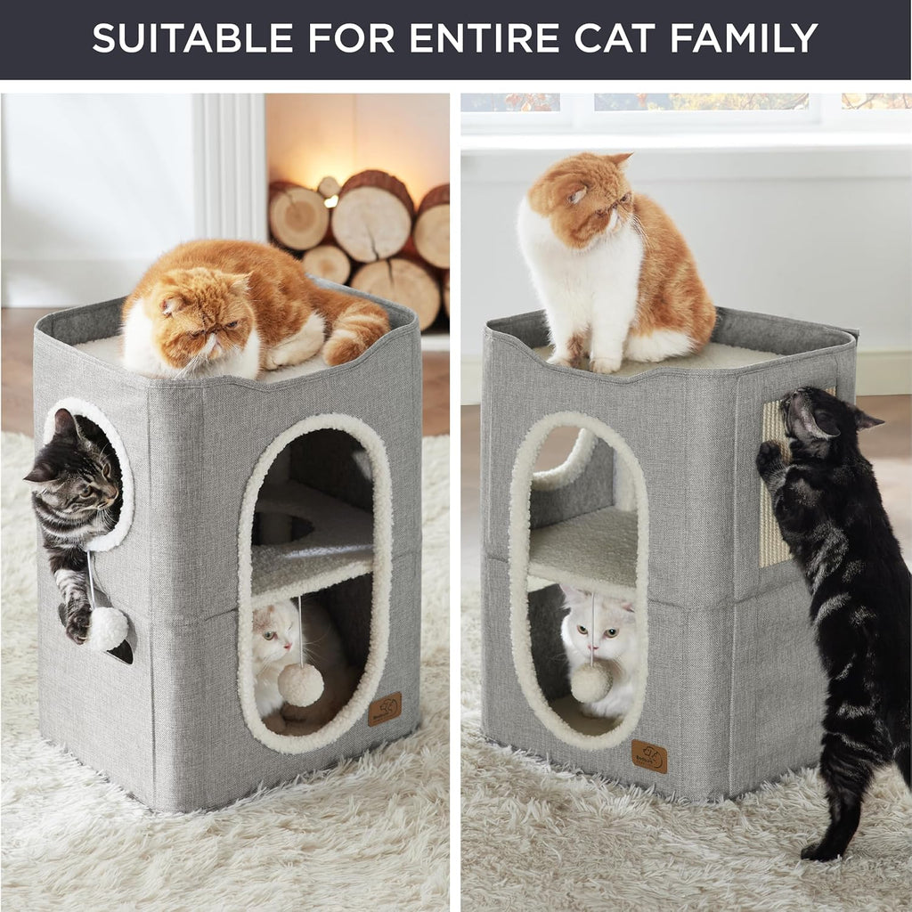 2 Story Cat House for Indoor Cats with Scratch Pad, 18x14x23 Grey