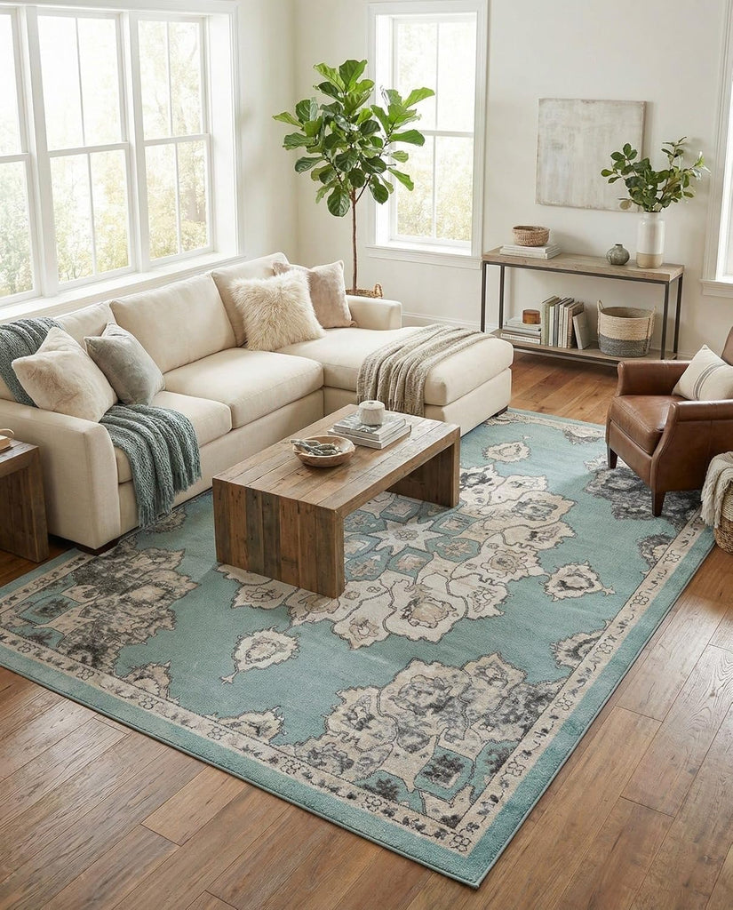 Parker Rug - 10' x 13' Aqua Easy-Clean Rug - Vintage Medallion