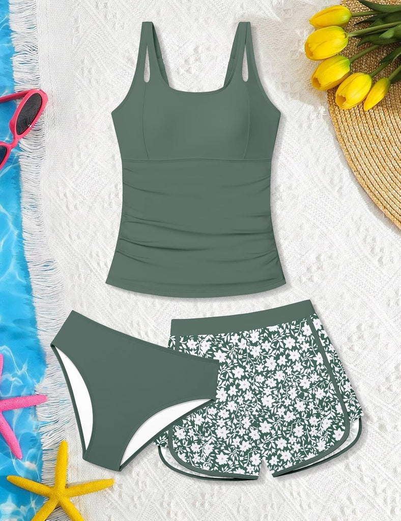 Girls Tankini Swimsuit 3 Piece Bathing Suits for Girl Square Collar Tankinis Set Girls' Swimwear with Print Shorts