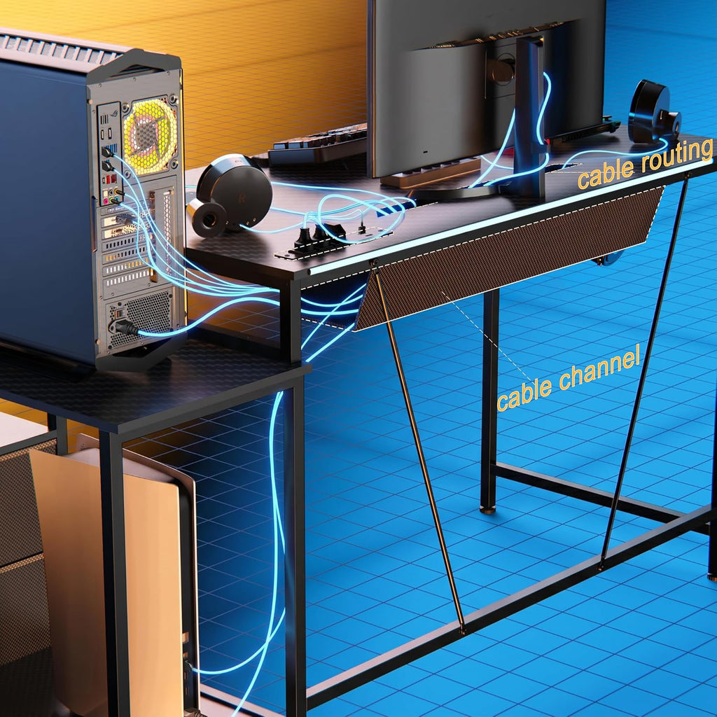 60Inch Gaming Desk Computer Desk Cable Management Carbon Fiber Texture Desk Corner Computer Desk Flip-up Computer