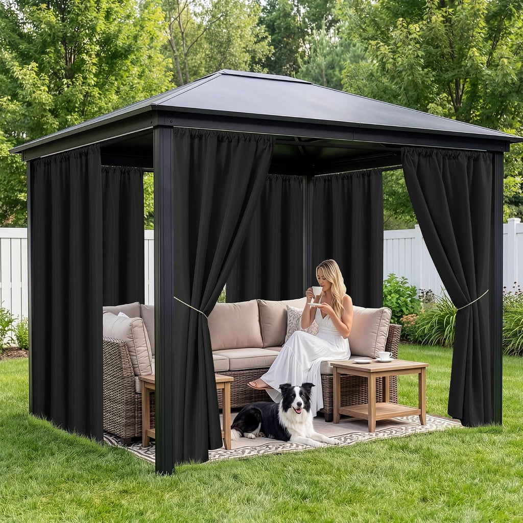 Black Outdoor Curtains Waterproof, 8 Panels, Rod Pocket | Weatherproof & Privacy Drapes, Outside Curtains for Gazebo