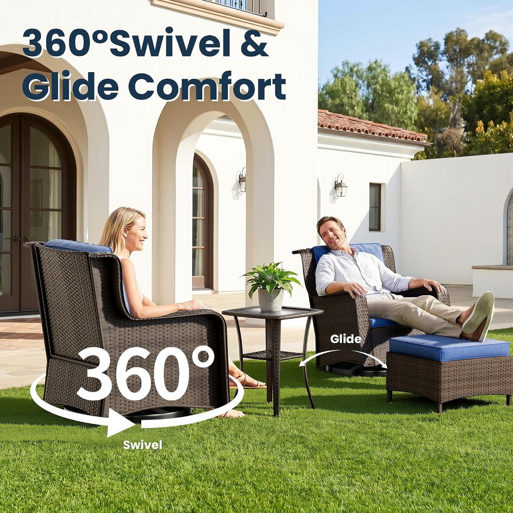 Balcony Furniture Piece Patio Conversation Set, PE Wicker Rattan Outdoor Swivel Rocking Chairs with Soft Cushions for