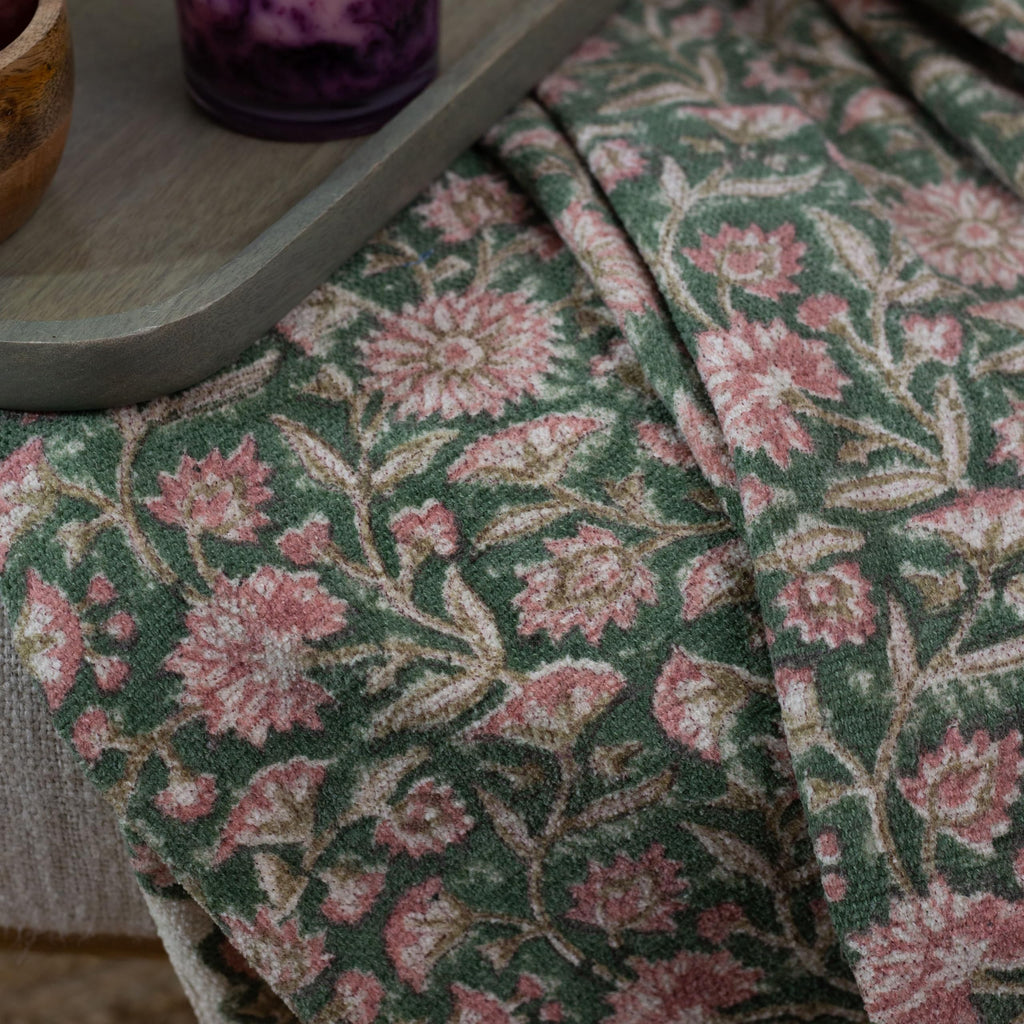 100% Pure Cotton Handblock Printed Throw Blanket, Soft 50" x 60" Fringed Floral Print Throw for Couch, Sofa, Chair