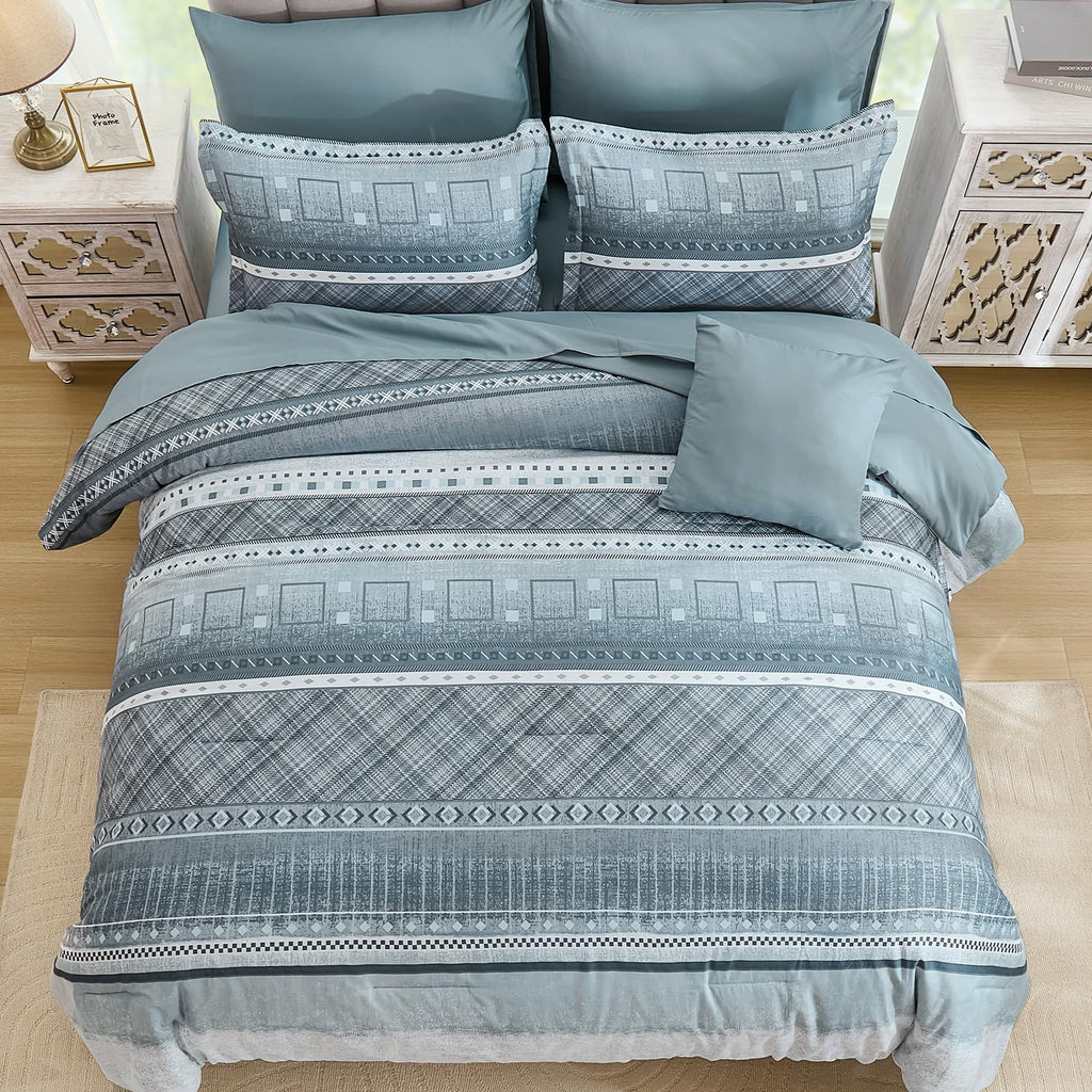 8 Piece Queen Size Comforter Set Blue Boho Bed Set