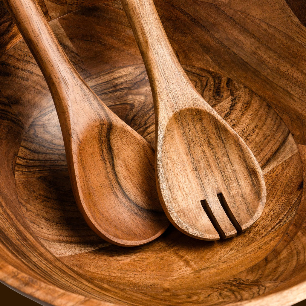 Large Wooden Salad Bowl Set 12.5 Inch with Serving Utensils, Tray Lid and Carry Strap. Acacia Wood Large Salad Bowls