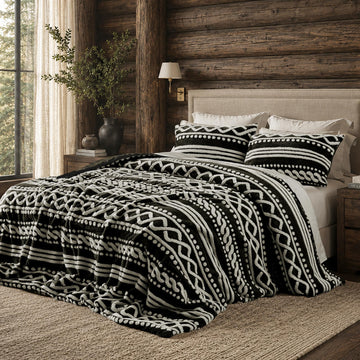 Tufted Boho Comforter, 3 Piece Flannel Fair Isle Geometric Jacquard Lightweight Comforter with Washed Brushed