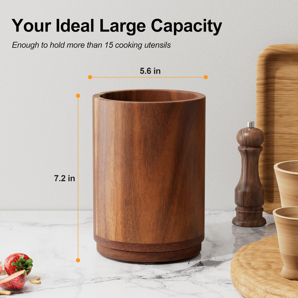 Utensil Holder, 360° Rotating Acacia Wood Kitchen Utensil Holder for Counter, 7.2" Large Cooking Utensil Crock