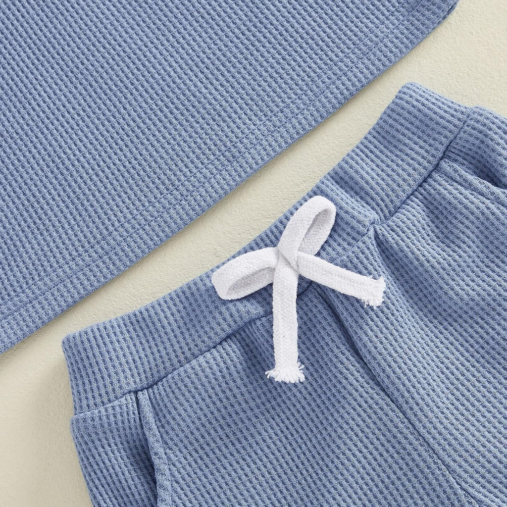 Toddler Baby Boy Summer Clothes Button Waffle Short Sleeve T-Shirt Top Elastic Waist Shorts Set 2Pcs Infant Outfit