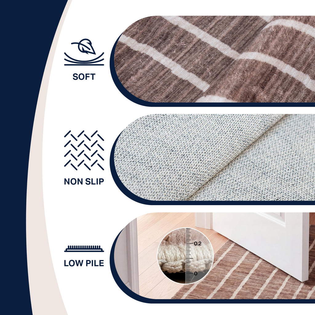 Washable Orton Distressed Ticking Stripe Machine-Washable Polyester Area Rug, Brown and Cream, Farmhouse
