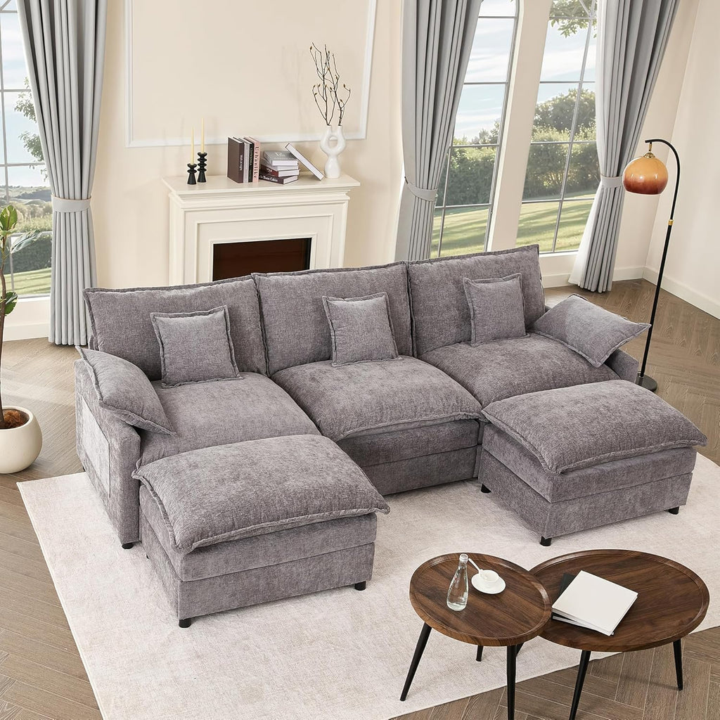108" U-Shaped Modular Cloud Couch, Deep Seat, Chenille Slate | Cloud Comfort, Couches , Removable & Machine-Washable