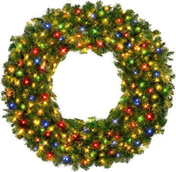 48in Large Artificial Pre-Lit Fir Christmas Wreath Holiday Accent Decoration w/ 250 Multicolor Lights, 714 PVC Tips