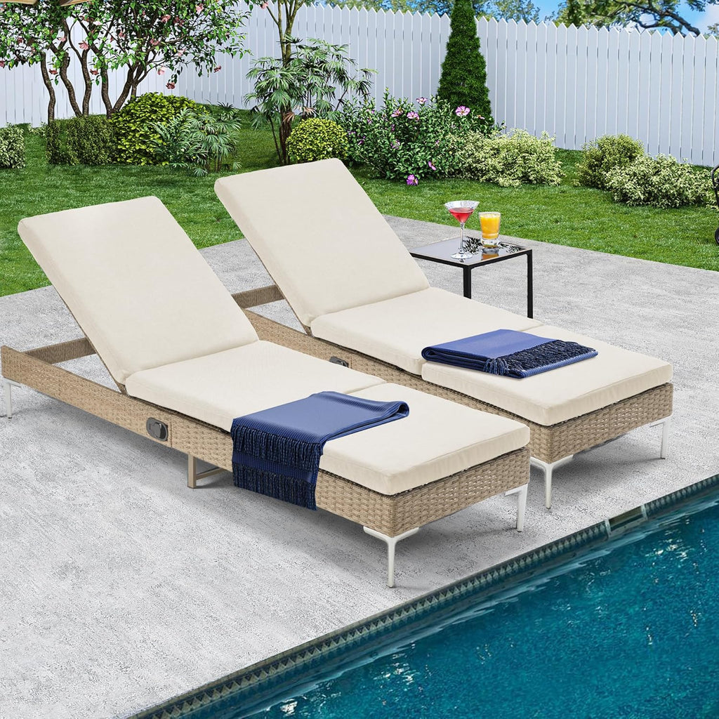 Outdoor Chaise Lounge Chair Set of 2, Patio Wicker Lounge Chairs with Adjustable Backrest