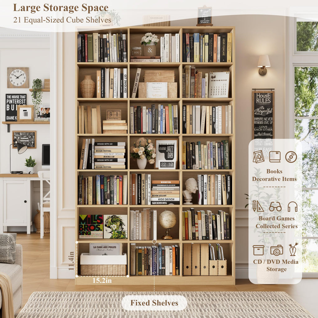 86" H Triple Wide Bookshelf and Bookcase, 7 Tier Tall Bookshelf with Storage, Large Bookcase with 21 Open Display