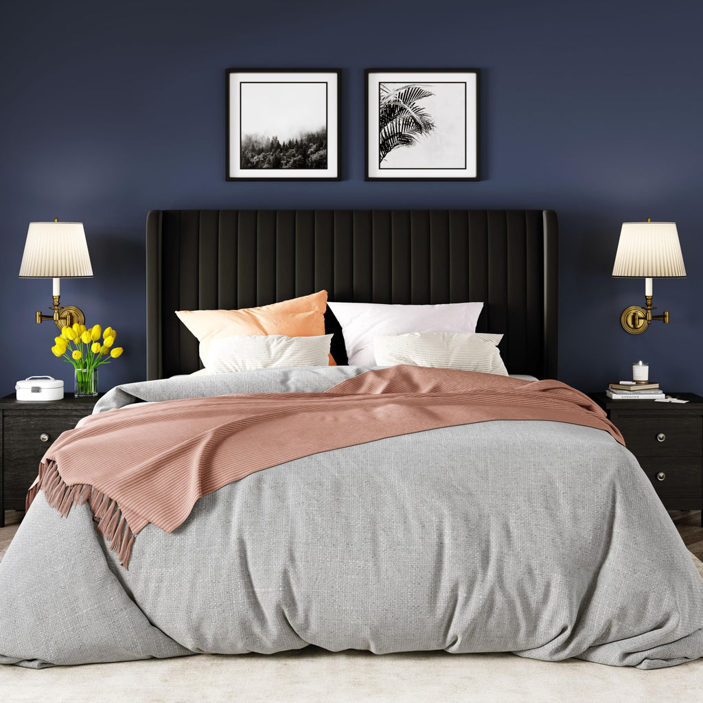 Queen Size Velvet Bed Frame/Vertical Channel Tufted Wingback Headboard/Upholstered Platform Bed/Strong Wooden
