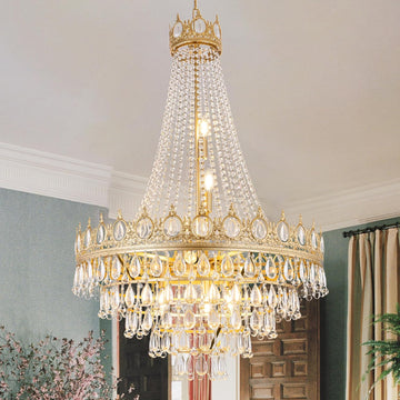 French Empire Crystal Chandelier 9 Lights Modern Gold Chandelier, Luxury High Ceiling Light Fixture for Dining Living Room, Bedroom, Kitchen Island, Foyer, Hallway, 28.5" W x 43.7" H