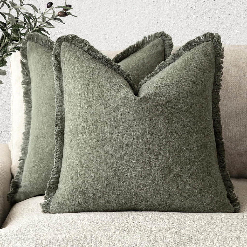 Set of 2 Decorative Linen Fringe Throw Pillow Covers Cozy Boho Farmhouse Cushion Cover with Tassels Soft Accent