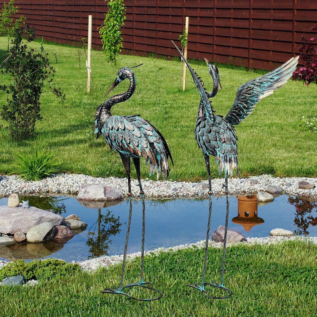 Large Garden Statues Set of 2, Metal Crane Sculptures, Bronze Heron Outdoor