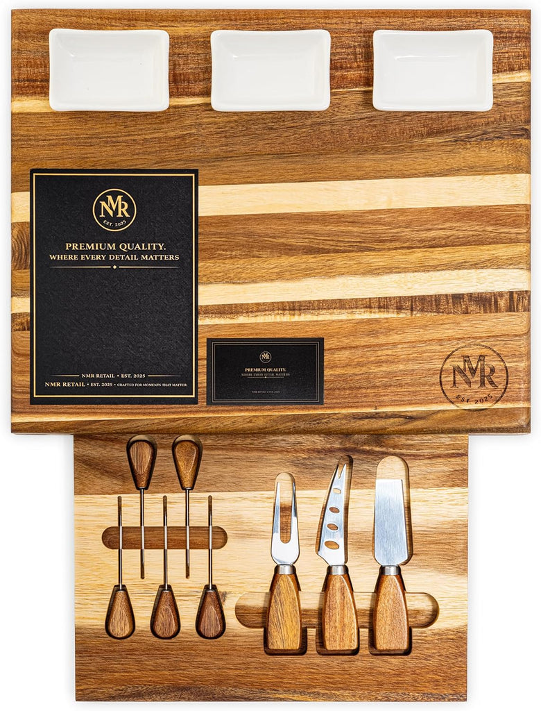 Premium Acacia Wood Charcuterie Board Set with Hidden Drawer, Cheese Board Gift Set, 2 Cheese Knives, Cheese Fork & 5