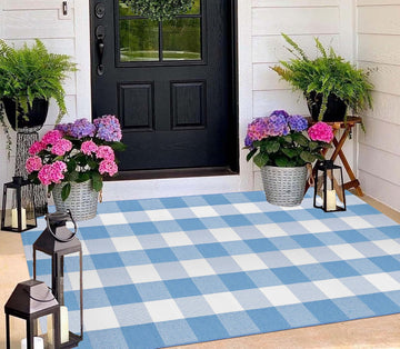 Washable 3'x5'Outdoor Rug, Light Blue White Buffalo Plaid Front Door Mat