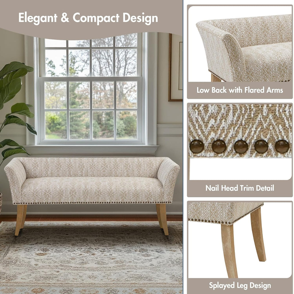 Accent Bench , Upholstered with Nailhead Trim, & Padded Seat Entryway Bench Small, End of Bed Bench with Back, 49.5"