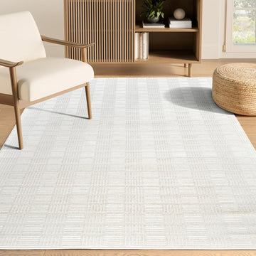 Cream Area Rug - Area Rugs - Vera Collection Checkered Minimalist Pattern - Non-Shedding,Easy to Clean Durable
