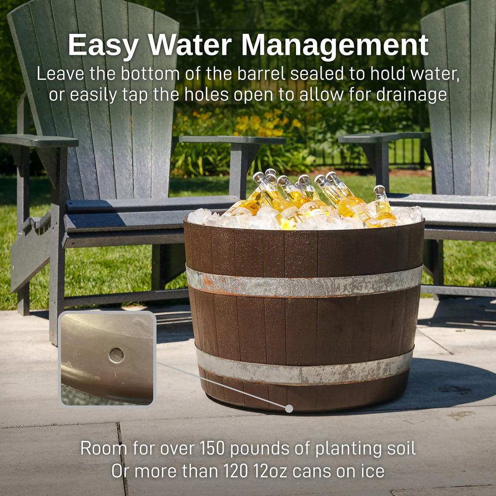 Better Barrel 2-Pack, 24-Inch Outdoor Planter, Walnut - Rustic Whiskey Barrel Style Heavy-Duty Resin Pot with Rusting
