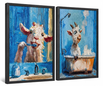 Funny Goat Bathroom Wall Art, Framed Canvas Set of 2, 12x16 in