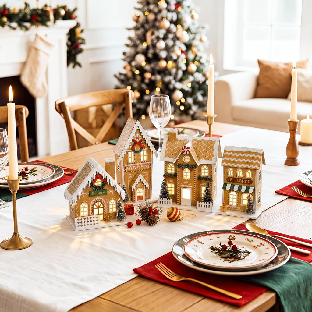 Xmas Gingerbreads House with LED Light, Paper Christmas Village Set