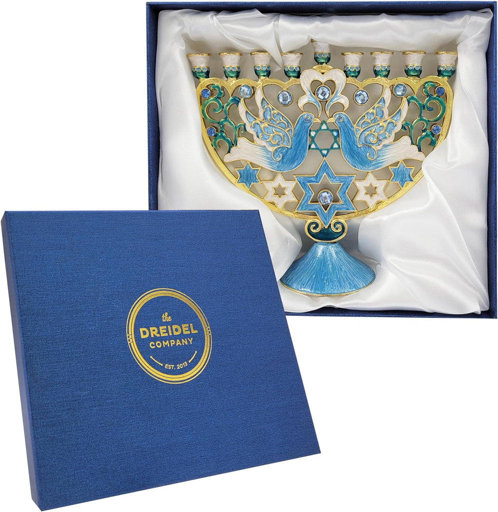 Hanukkah Large 12-Inch Tall Hand Painted Enamel, Star of David Magen David & Blue Bird Design, Hand-Painted Enameled