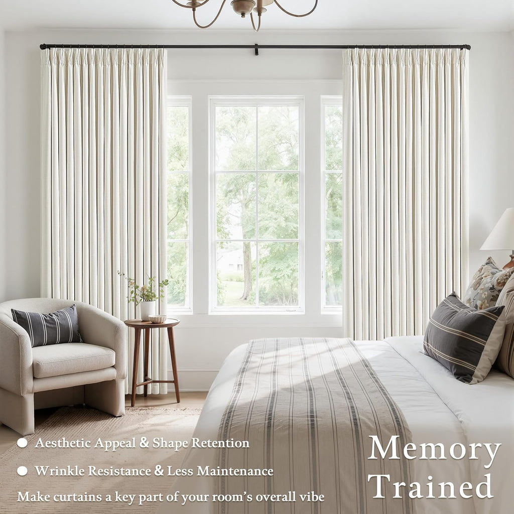 92 Inch Pinch Pleated 100% Blackout Linen Curtains for Bedroom 50 Inch Wide 2 Panels Double Layer Natural Pleat