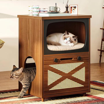 2-Tier TV Shaped Cat Litter Box Enclosure with Rattan Scratch Board