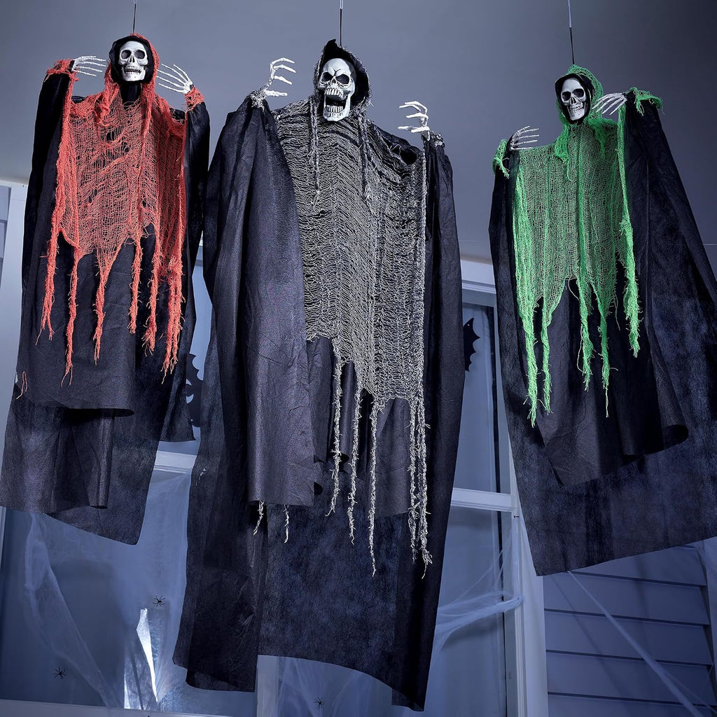 Halloween Hanging Grim Reapers, one 63" Two 47" Grim Reapers, Halloween Skeleton Outdoor Decoration Flying - Set of 3