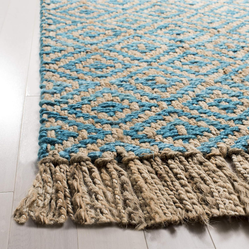 Natural Fiber Collection Area Rug - 6' Square, Turquoise & Natural, Handmade Boho Diamond Tassel Jute, Ideal for High