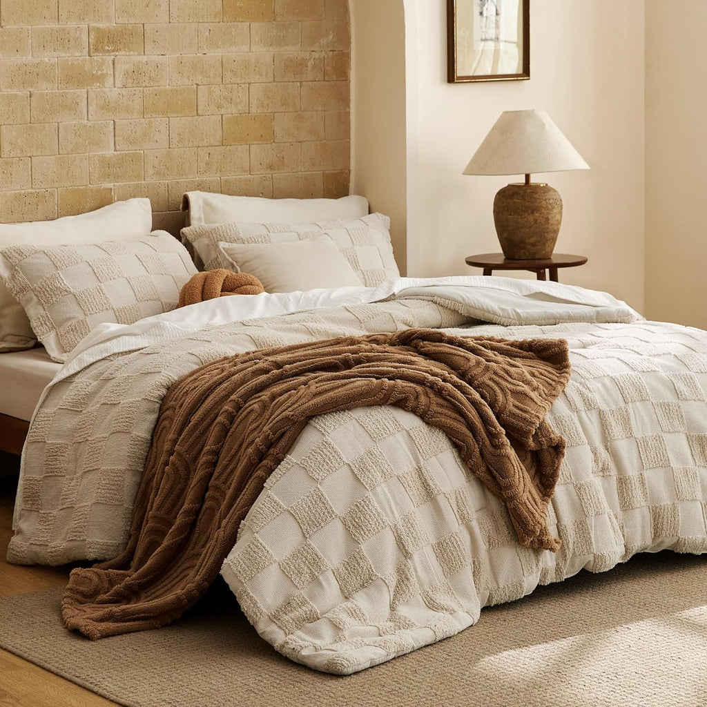 Queen Comforter Set Beige, Boho Tufted Bed Set, Checkered Farmhouse Shabby Chic Bedding, 3 Pieces
