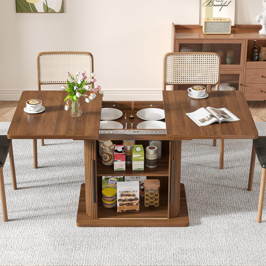 Extendable Dining Room Table for 4-6, 47-65 Inch Rectangle Kitchen Dining Table with Large Storage, Fluted Sliding