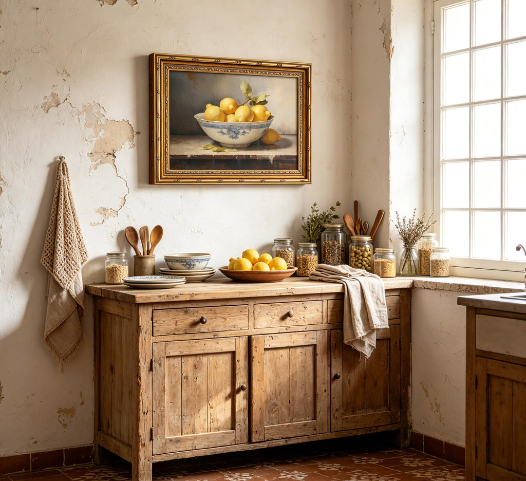 Vintage Gold Framed Kitchen Wall Art Retro Rustic Farmhouse Painting Canvas Picture Wall Decor Yellow Lemon Still