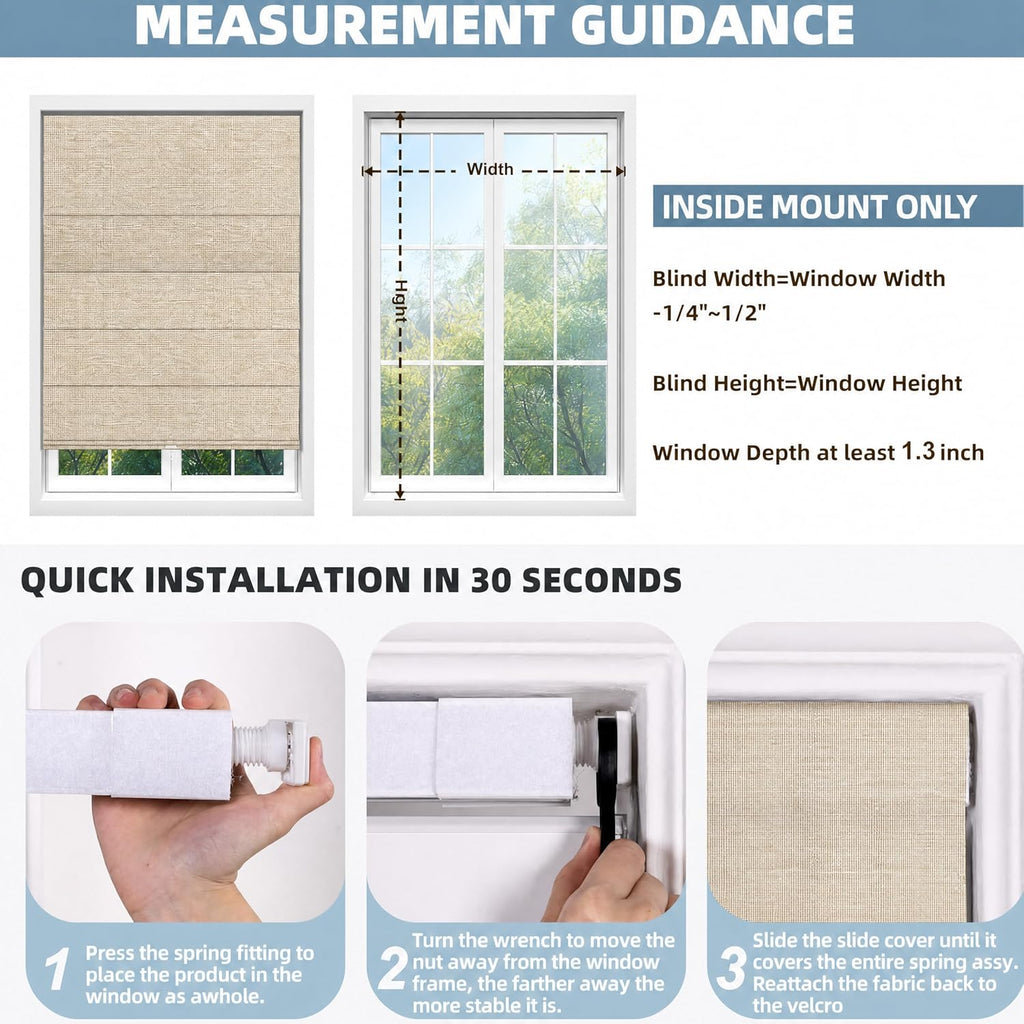No Drill Cordless Roman Shades for Window, Blackout Roman Blinds Room Darkening Pull Down Blinds Easy Install Linen